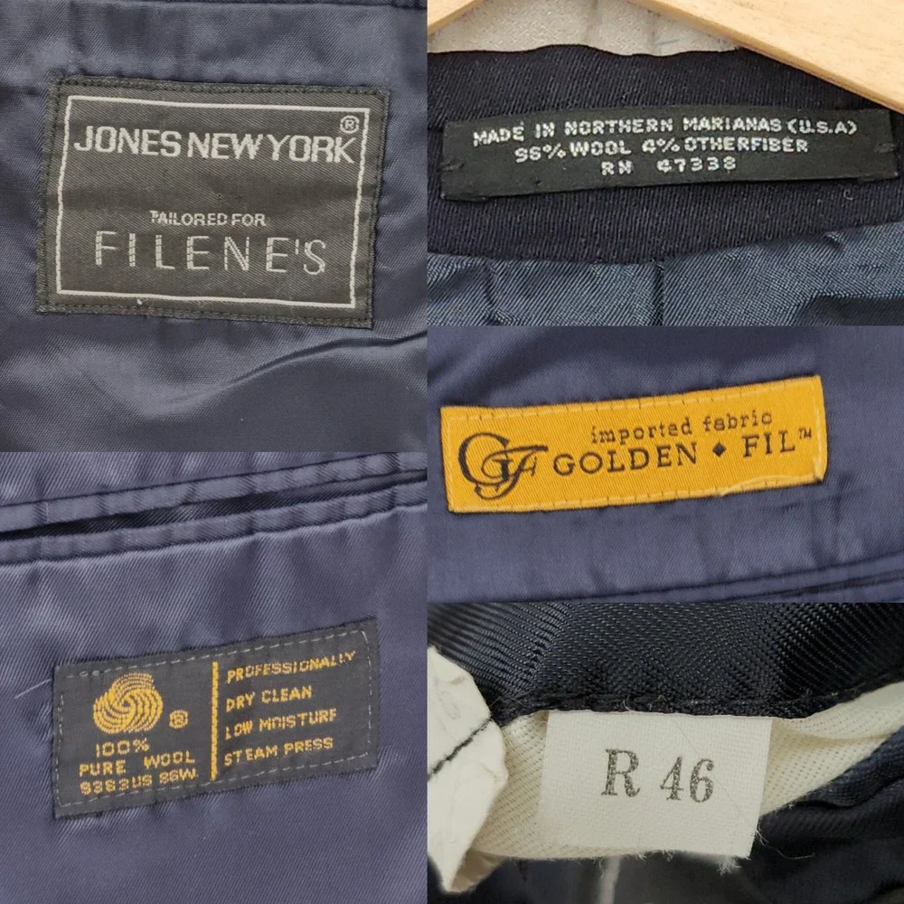 Jones New York Suit 46R Mens Navy Blue Wool 2 Piece Pleated Cuffed Professional‎